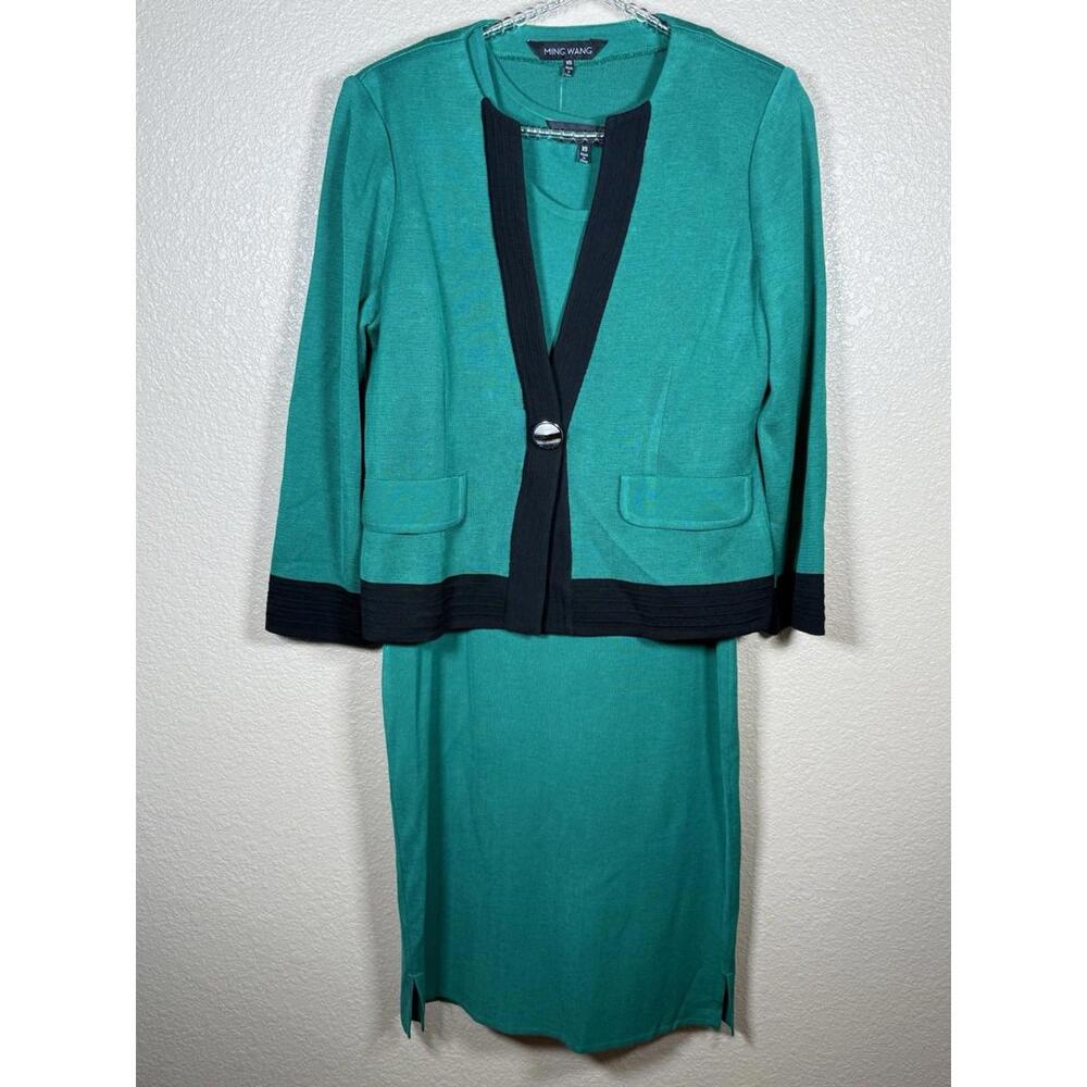 Ming Wang Green 2 Piece Dress & Cardigan Size XS Knit Acrylic Quiet Luxury